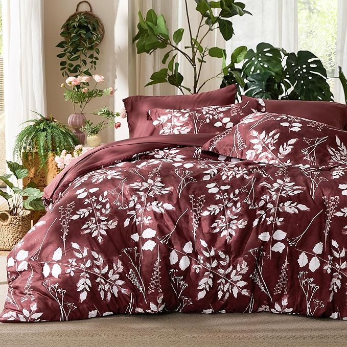 Bedsure Queen Comforter Set - 7 Pieces Floral Burgundy Soft Bedding Sets, Queen Bed in a Bag with Botanical Flowers Comforter, Sheets, Pillowcases & Shams
