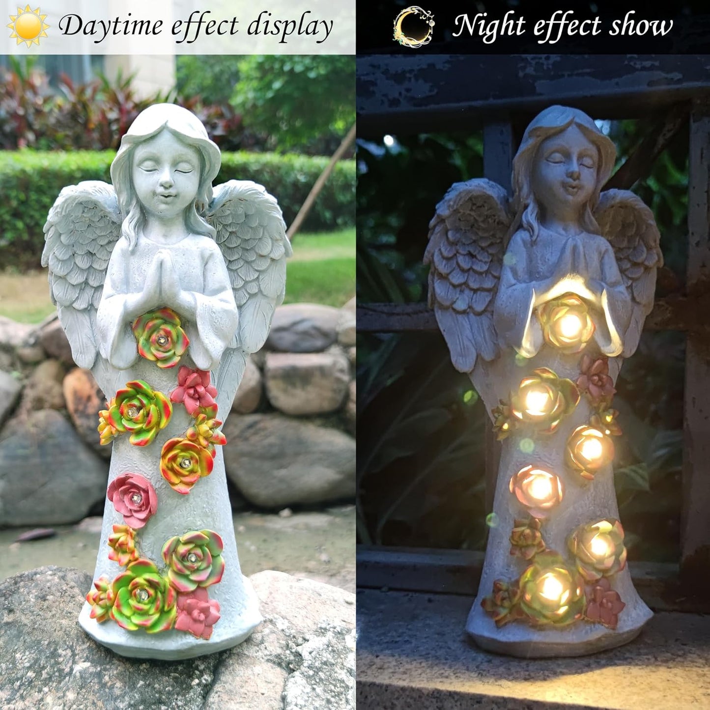 Angel Solar Garden Outdoor Statues with Succulent Plants and 6 LED Lights– Outside Solar Garden Decor Figurines -Remembrance & Sympathy Gifts Decorations