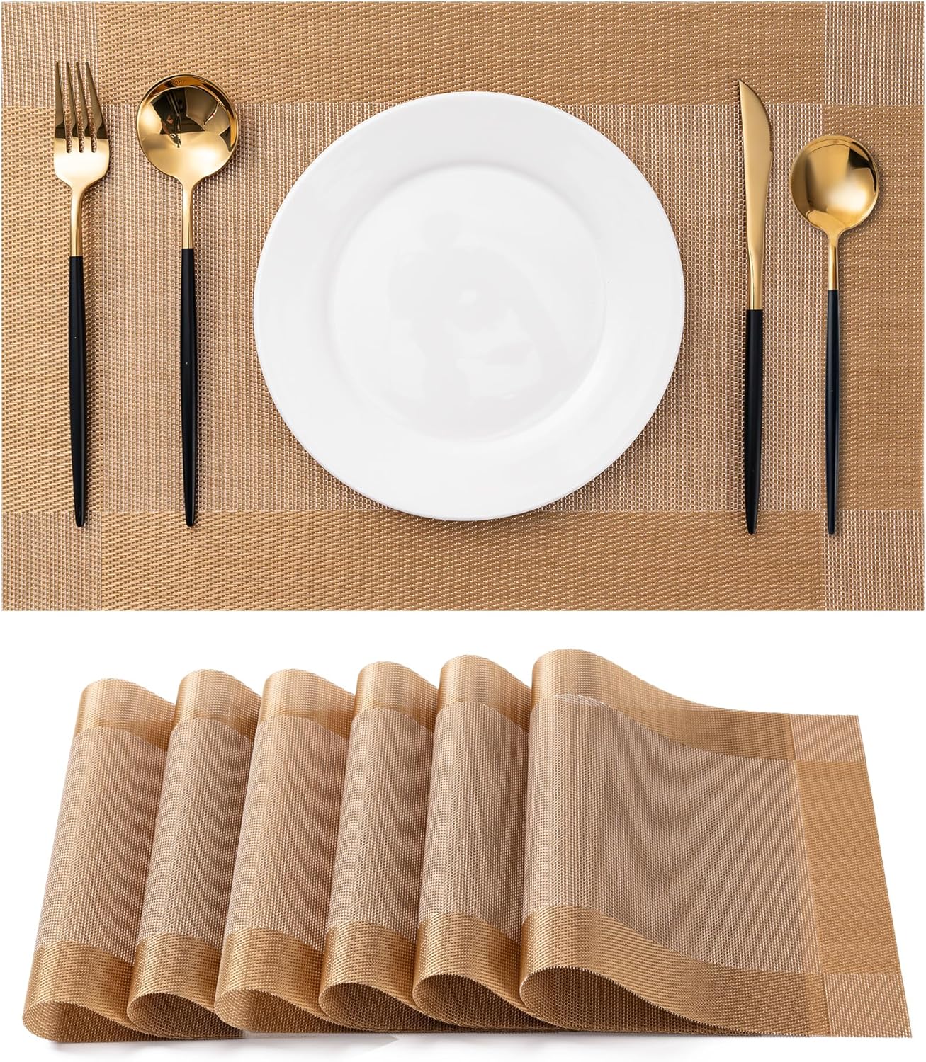 CADONO Placemats Set of 6 Washable Indoor/Outdoor Vinyl Place Mats for Dining Table Durable Non-Slip Heat Resistant PVC Weave Table Mats（Gold Cube）
