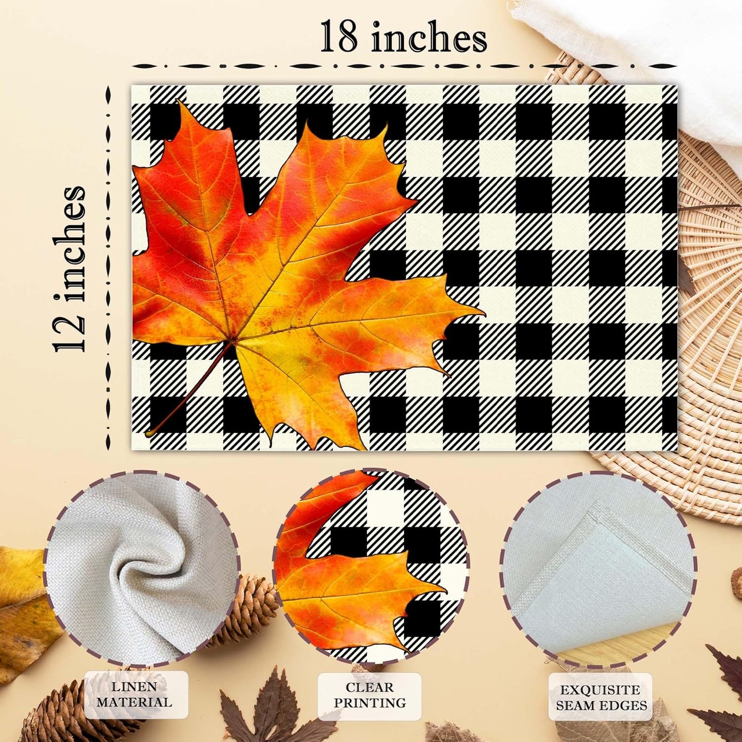 Hello Fall Placemats Set of 4, 12x18 Inch Maple Leaves Buffalo Plaid Table Mats, Washable Heat Resistant Place Mats for Kitchen Dining Table, Autumn Home Farmhouse Decor-B01