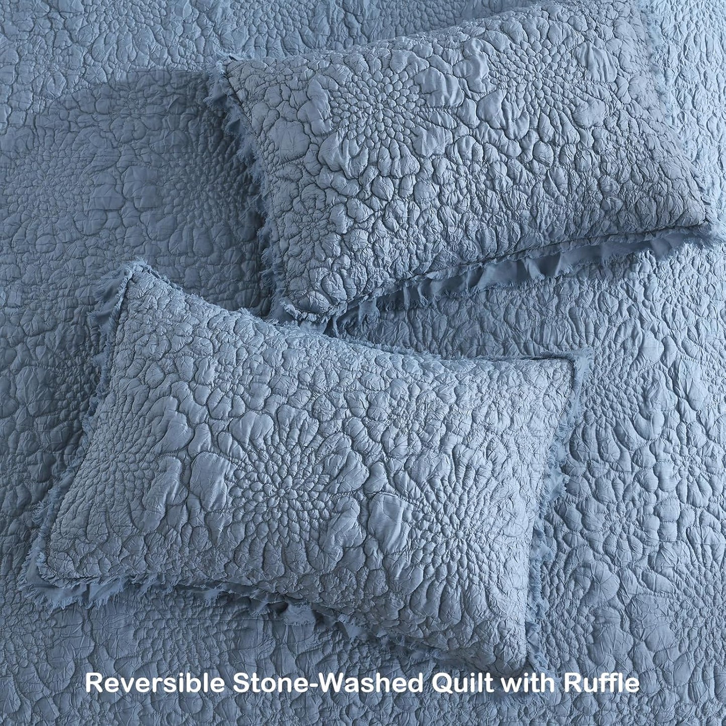 HORIMOTE HOME Blue Ruffled Quilt Queen Size, Stone-Washed Microfiber Lightweight Crinkled Farmhouse Rustic Shabby Chic Bedding Set, 3 Pieces Reversible Bedspread with Pillow Shams for All Season