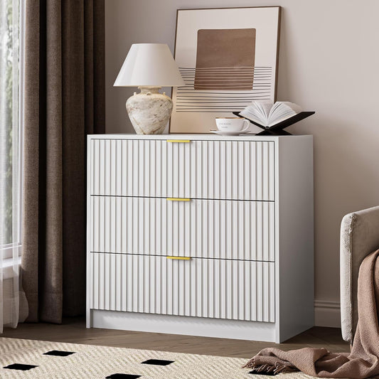 White Fluted Dresser for Bedroom, 32 Inch Wide Nightstand with Large Drawer, 3 Drawer End Table for Bedroom, Living Rooms, Offices, and Entryways