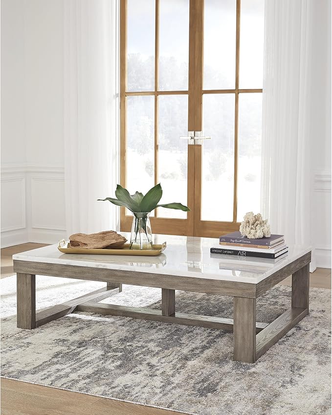 Signature Design by Ashley Loyaska Casual Rectangular Cocktail Table, Natural Marble Top, Oak Veneer, 56" W x 42" D x 16.88" H, White & Light Gray & Brown