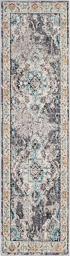 SAFAVIEH Monaco Collection Runner Rug - 2'2" x 22', Grey & Light Blue, Non-Shedding & Easy to Clean, Distressed Medallion Design, Ideal for Hallway, Foyer, Entryway, Kitchen, Bedroom (MNC243G)