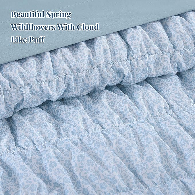 King Comforter Set - 7 Pieces Blue Classic Puff Floral Bedding Sets for All Seasons, Shabby Chic Farmhouse Bed in a Bag King with Wildflowers Fluffy Comforter, Sheets, Pillowcases & Shams
