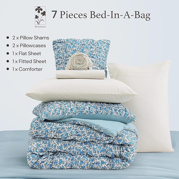 Full Size Comforter Sets - 7 Pieces Puff Blue Floral Bedding Set for All Seasons, Shabby Chic Farmhouse Bed in a Bag Full with Floral Comforter, Sheets, Pillowcases & Shams