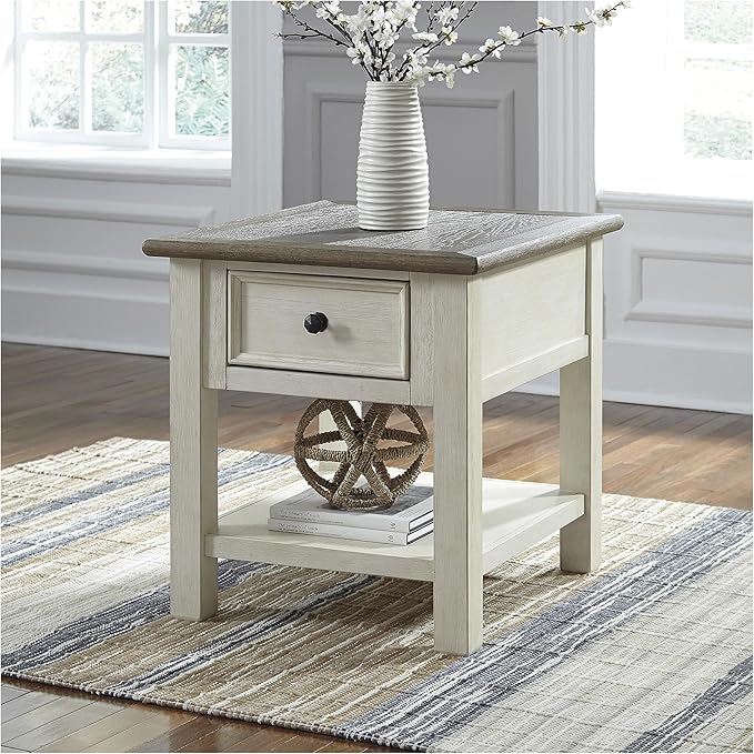 Signature Design by Ashley Bolanburg Farmhouse Rectangular End Table, Plank Style Top, Drawer, Wood, 24" W x 27" D x 25" H, 2-tone Finish, Antique Cream