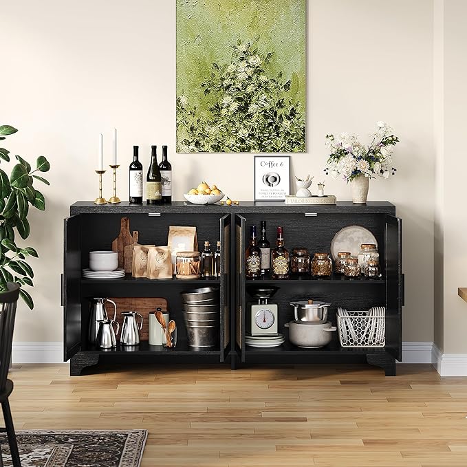 Garvee Natural Rattan Storage Cabinet with Shelves, 4-Door Sideboard Buffet Cabinet, Boho TV Stand Console Table for Living Room, Entryway, Dinning Room