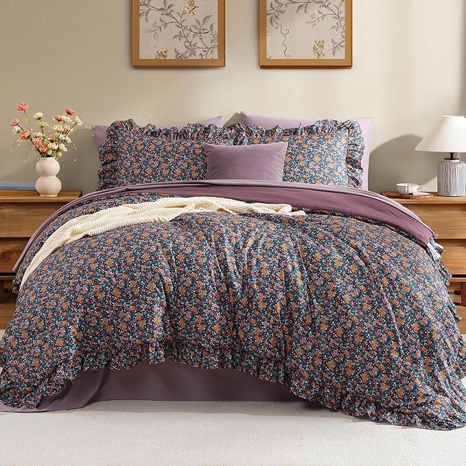 King Comforter Set - 7 Pieces Ruffle Purple Ditzy Bedding Sets, Shabby Chic Farmhouse Bed in a Bag with Ruffle Comforter, Sheets, Pillowcases & Shams