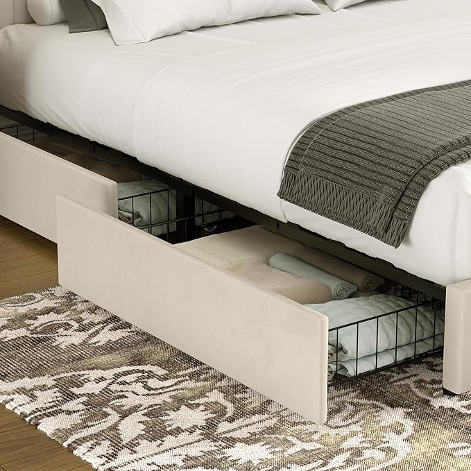 VECELO King Size Upholstered Bed Frame with 4 Drawers and Headboard, Velvet Platform Storage Bedframe, Wooden Slats Support, No Box Spring Needed,Bone Beige