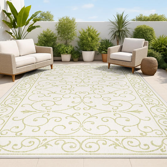 JONATHAN Y Vintage Filigree Indoor Outdoor Area Rug 5X8 Cream/Green, Charleston Textured Weave for Backyard, Patio, Porch, Easy-Cleaning, High Traffic, Pet-Friendly, Non-Shedding (SMB106I-5)