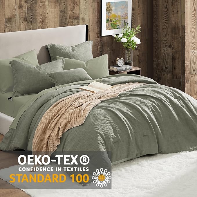 Geniospin King Size Comforter Set- 7 Piece Sage Green Textured King Bedding Set, Soft Solid Bed in a Bag for All Season, King Comforter Set with Sheets(Sage Green,102''x90'')