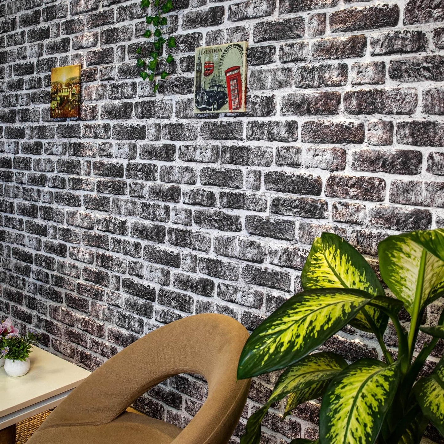 Dundee Deco 3D Wall Panels Faux Brick - Cladding, Charcoal White Stone Look Wall Paneling, Styrofoam Facing for Living Room, Kitchen, Bathroom, Balcony, Bedroom, Set of 5, Covers 27 sq ft