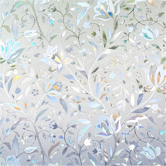 DOWELL Window Privacy Film, 3D Stained Glass Rainbow Films, Decorative Window Vinyl Sun Blocker Door Covering, Static Cling Non-Adhesive Glass Sticker for Home, Blooming Flowers, 23.6"x78.7"