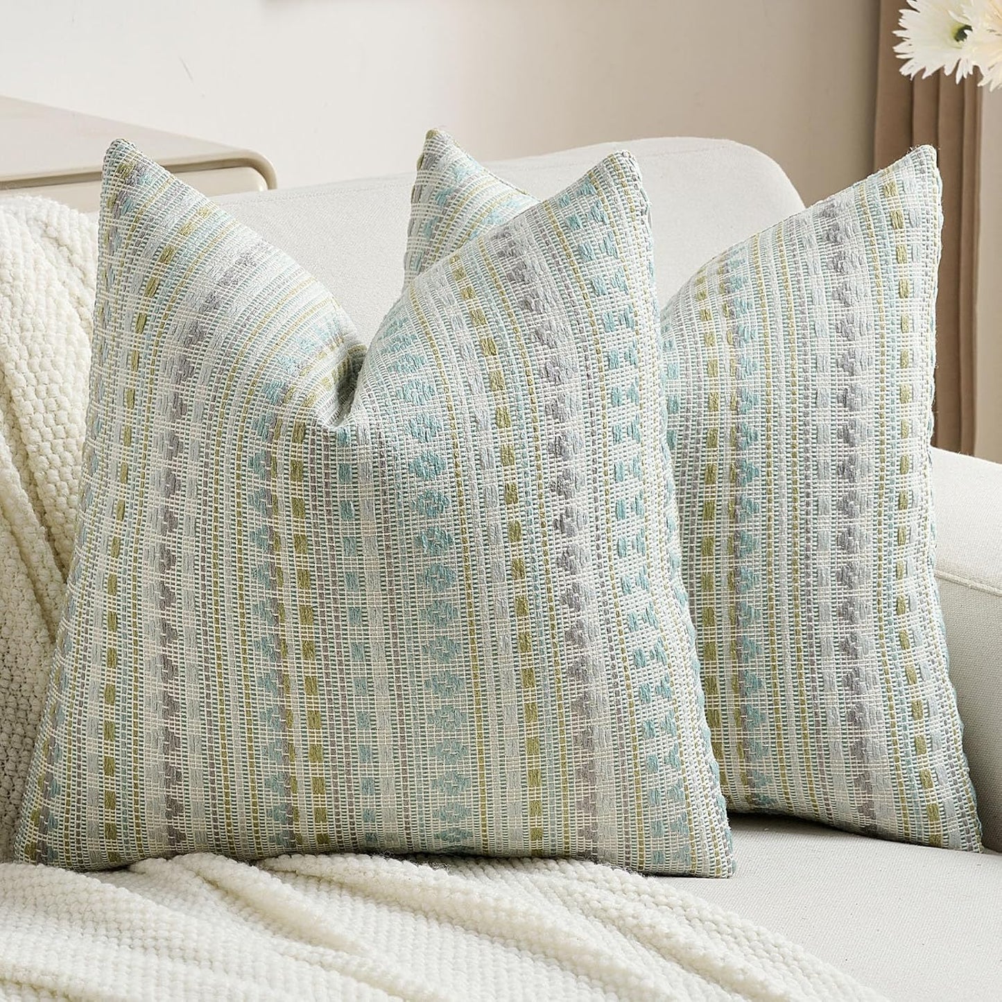 FUTEI Green Blue Decorative Throw Pillow Covers 20x20 Inch Set of 2,Soft Cozy Chenille Jacquard Textured Cushion Case,Boho Home Decor for Couch Bed Living Room