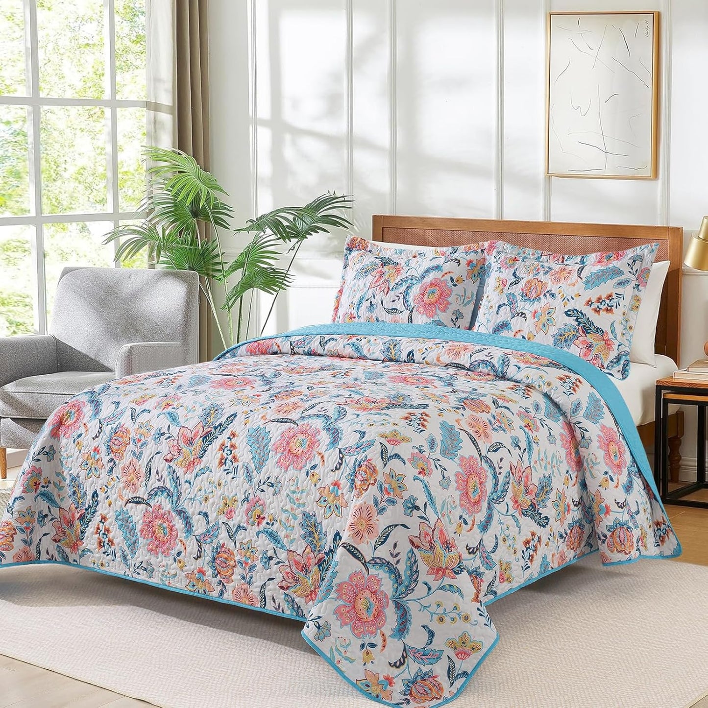 VAPUTAR Garden Queen Size Quilt Bedding Set for Adults - Farmhouse Queen Bedspread (90 x 98 inch) with 2 Pillow Shams - Lightweight Reversible Coverlet Quilt for Bedroom, 3 Pieces