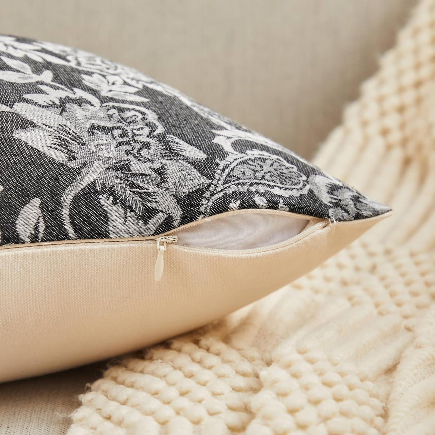 Floral Jacquard Throw Pillow Covers Set of 2, Background/Charcoal 16x16 Inch, Farmhouse Decorative Cotton Dark Grey Cushion Covers for Sofa Bed Living Room Home Decor