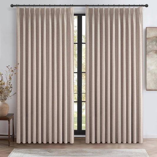 Extra Wide Curtains for Living Room, Blackout Linen Blend Drapes for Sliding Glass Doors Luxury Pinch Pleated Darkening Boho Curtains with Back Tab Ceiling Track for Large Window (70"Wx108"Lx2 Panels)