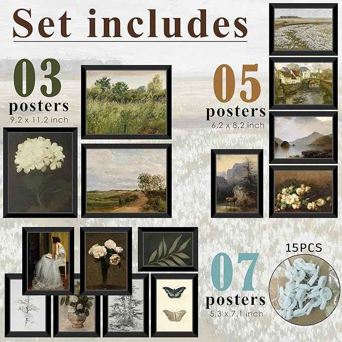 LANCHI95 15 Pcs Vintage Wall Art Decor Framed, Vintage Posters for Room, Vintage Art Prints, Moody gallery wall art, Wall Print for Bedroom, Moody Wall Decor, French Country Decor (FRAMED)