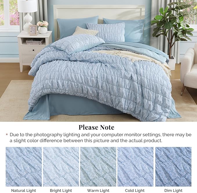 Full Size Comforter Sets - 7 Pieces Puff Cornflower Blue Floral Bedding Set for All Seasons, Shabby Chic Farmhouse Bed in a Bag Full with Floral Comforter, Sheets, Pillowcases & Shams