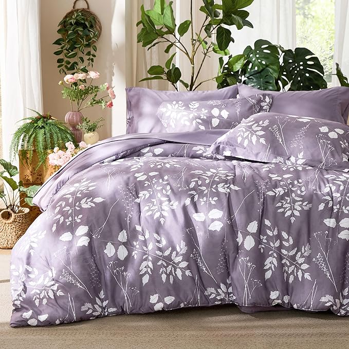 Bedsure Grayish Purple Twin Comforter Set - 5 Pieces Floral Bedding Sets Twin Bed in a Bag with Reversible Botanical Flowers Comforter, Sheets, Pillowcase & Sham