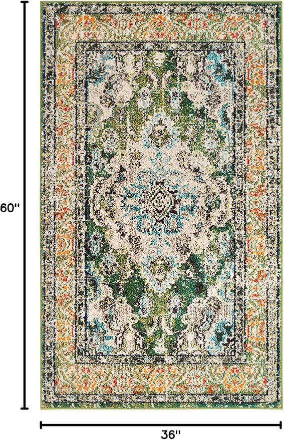 SAFAVIEH Monaco Collection Area Rug - 3' x 5', Forest Green & Light Blue, Non-Shedding & Easy to Clean, Distressed Medallion Design, Ideal for Living Room, Bedroom, Dining Space (MNC243F)