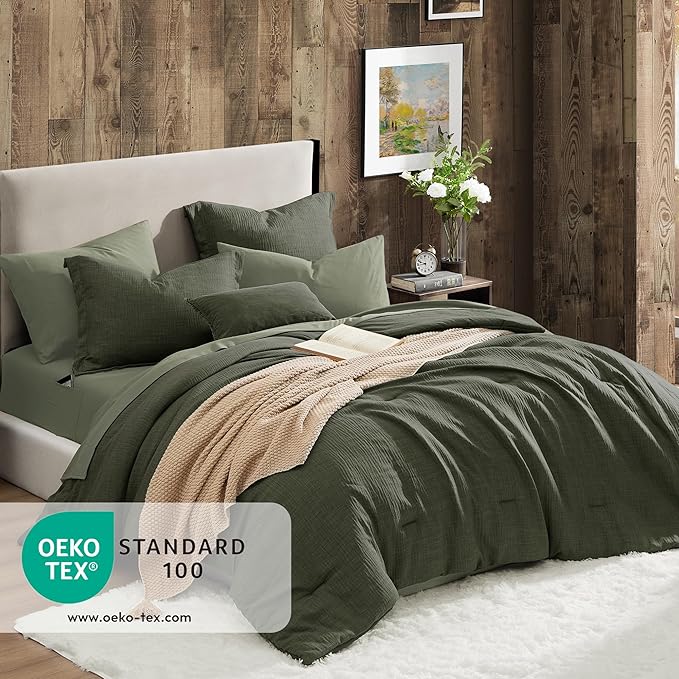 Geniospin Dark Olive Green Twin Comforter Set - 5 Pieces Comforter Twin Size, Solid Bedding Set for All Season, Textured Bed in a Bag with Sheets