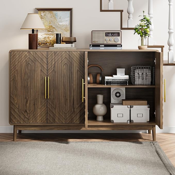 Ball & Cast 55" Modern Sideboard Cabinet with Storage, Carved 4-Door Buffet w/Adjustable Shelves & Solid Wood Legs, Credenza & Accent Cabinet for Living Room, Entryway, Kitchen,Dining Room,Walnut