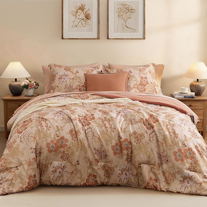 Queen Comforter Set -7 Pieces Terrecotta Floral Comforter Set for All Seasons, Bed in a Bag Queen with Botanical Flowers Comforter, Sheets, Pillowcases & Shams