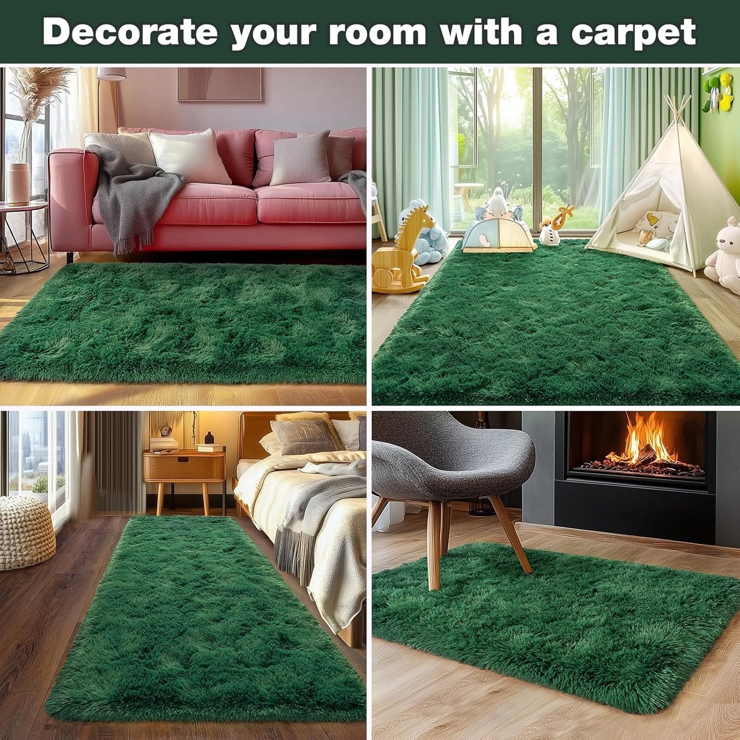 Rezutan Fluffy Rug for Living Room Bedroom, Large Comfy Modern Shaggy Fuzzy Kids, Plush Indoor Nursery Classroom Home Decor Bedside Rug with Non-Slip Bottom, Blackish Green, 8 X 10 Feet