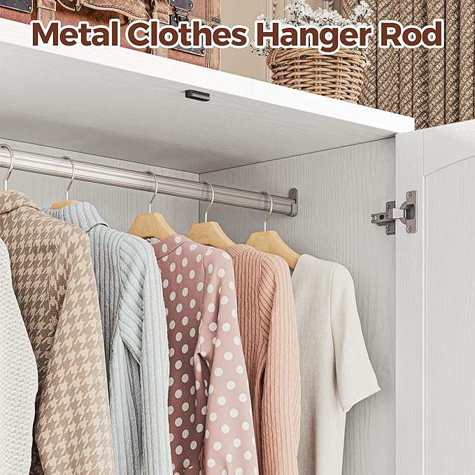 LIKIMIO 77" Tall Armoire Wardrobe Closet, Wooden Wardrobe with 4-Door and Drawer, White Clothes Storage Cabinet with Hanging Rod and Adjustable Shelves for Bedroom