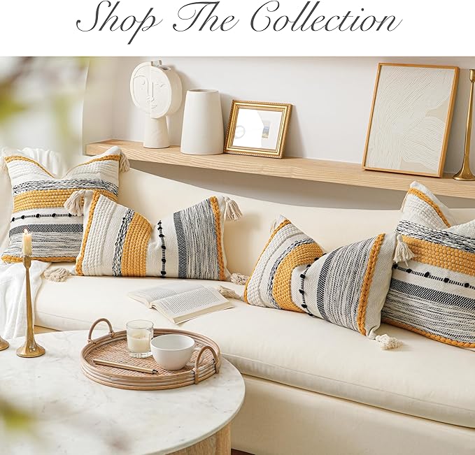 BlissBlush Decorative Lumbar Throw Pillow Cover 14x24 Boho Yellow Mustard Accent Cushion for Couch Sofa Farmhouse Pillowcase for Bedroom Living Room Home Décor Cover ONLY