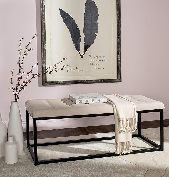 SAFAVIEH Home Collection – Reynolds Beige Tufted Upholstered Accent Bench, Modern Parsons-Style Open Frame Bench for Bedroom, Entryway or Living Room, Black Legs (FOX6225A)