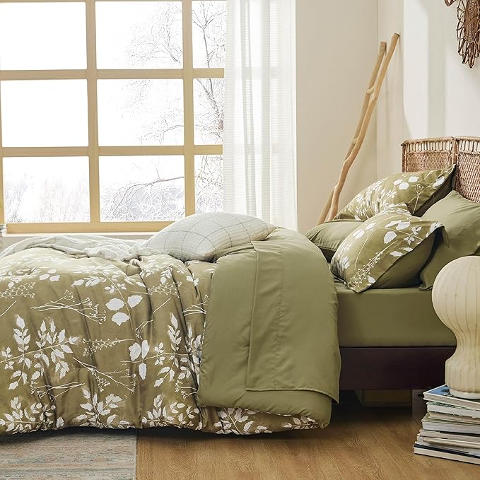 Bedsure Full Size Comforter Set - 7 Pieces Floral Olive Green Soft Bedding Sets, Full Bed in a Bag with Botanical Flowers Comforter, Sheets, Pillowcases & Shams