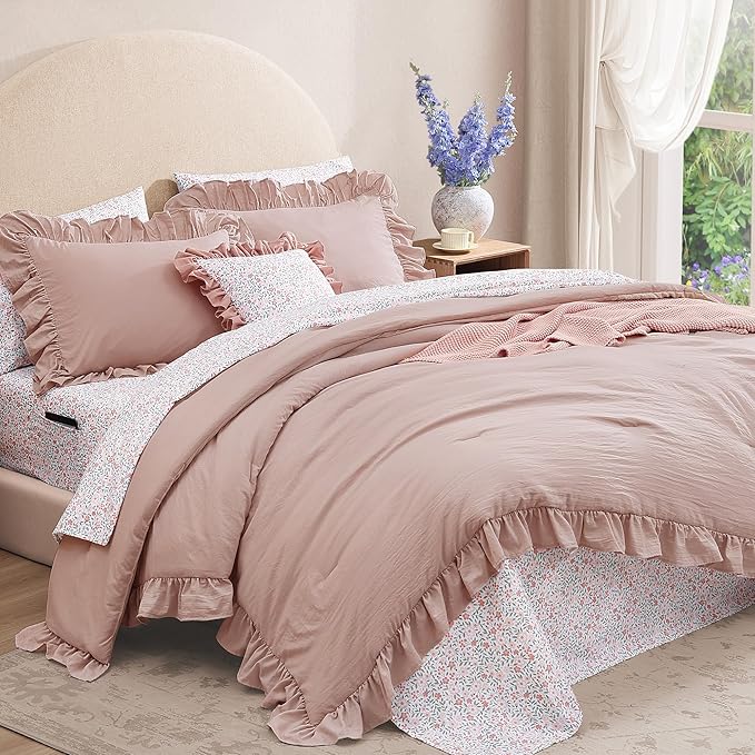 Twin XL Comforter Set - 5 Pieces Ruffle Rose Floral Bedding Sets, Shabby Chic Farmhouse Bed in a Bag with Ruffle Comforter, Floral Sheets, Pillowcase & Sham