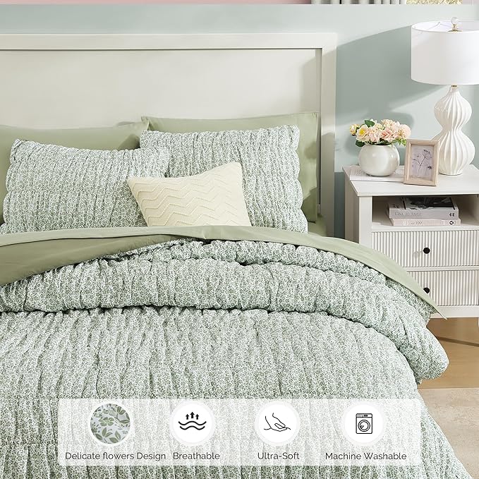 Full Size Comforter Sets-7 Pieces Puff Sage Green Floral Bedding Set for All Seasons, Shabby Chic Farmhouse Bed in a Bag Full with Floral Comforter, Sheets, Pillowcases & Shams