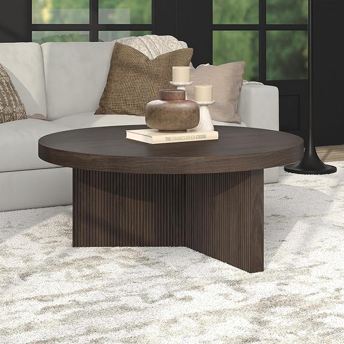 Henn&Hart 36" Fluted Round Low-Profile Coffee Table with Ribbed Pedestal Base Living Room, Family Room, or Office, Warm Brown