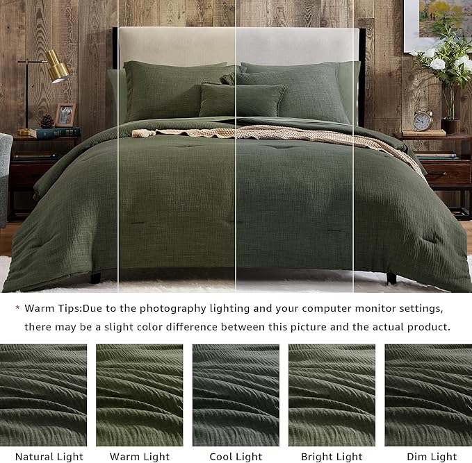Geniospin Dark Olive Green Oversize Queen Comforter Set - 7 Pieces Comforter Queen Size, Solid Bedding Set for All Season, Textured Bed in a Bag with Sheets