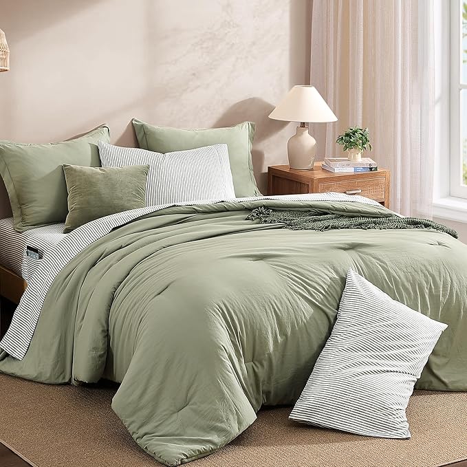 Monbix California King Size Comforter Set - 7 Pieces Green Prewashed Bed in a Bag Bedding Sets with Comforters, All Seasons Ultra Soft Comforter Bed Set with Sheets, Pillowcases & Shams