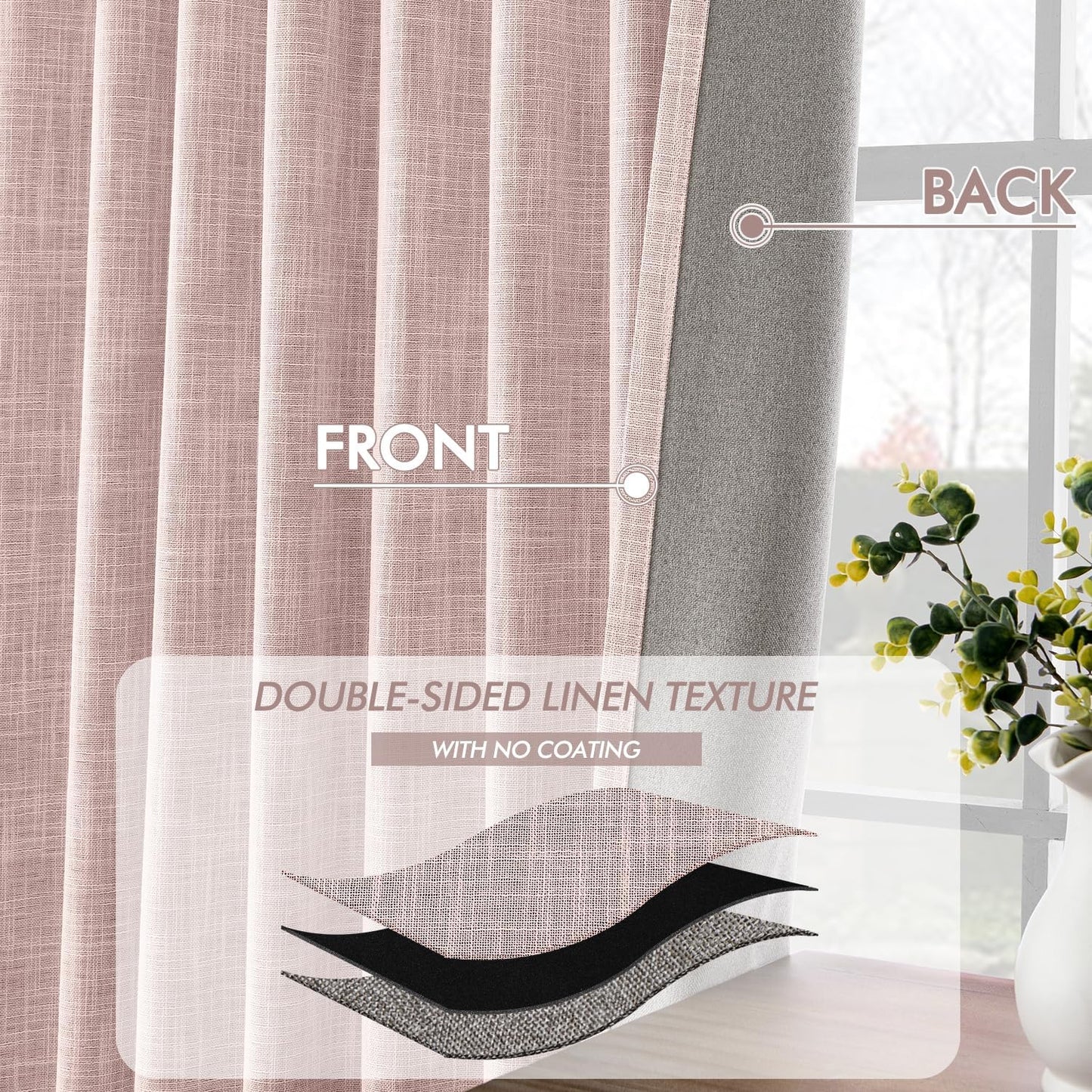 MIULEE Baby Pink 100% Blackout Linen Curtains 96 Inch 2 Panel Set Double Sided No Coating Pinch Pleated Back Tab Floor to Ceiling Black out Thermal Insulated Bedroom Living Room Darkening Window Drape