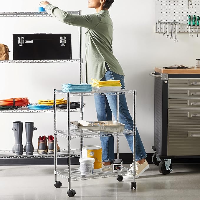 Amazon Basics 3-Shelf Heavy Duty Adjustable Wire Shelving Storage Rack on 2" PP Plastic Wheel Casters, Steel Utility Shelving Unit for Garage and Laundry Room, 23.2" x 13.4" x 32.75", Chrome