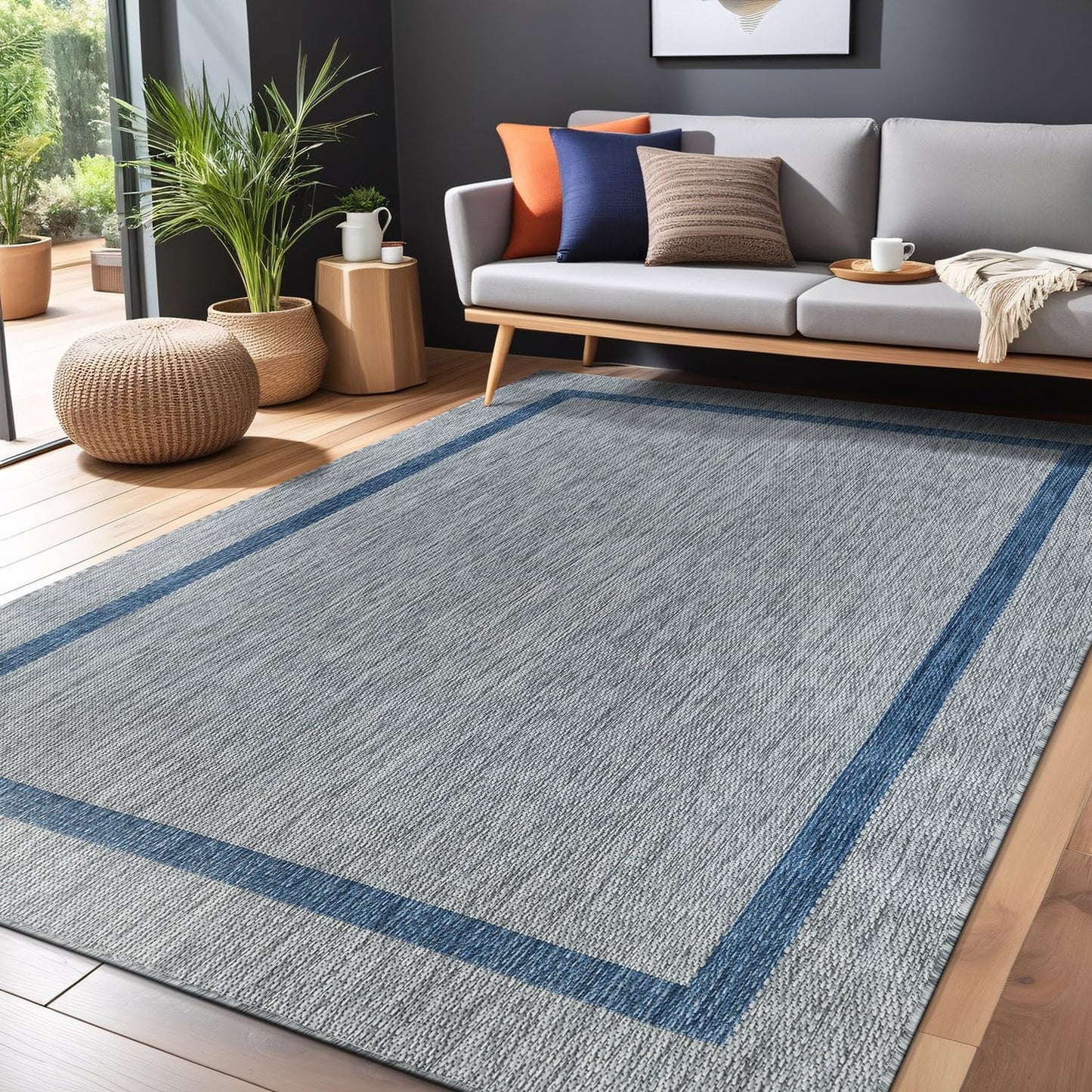 Bordered Outdoor Rug 8x10 Washable Outside Carpet for Indoor Patio Porch Waterproof Easy Cleaning Non Shedding Area Rugs Silver Gray - Blue 8 x 10