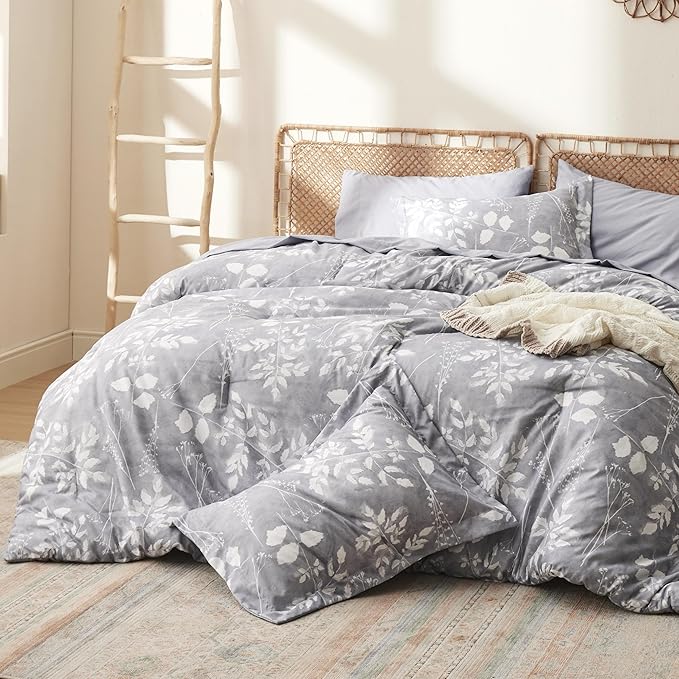 Bedsure King Size Comforter Set - 7 Pieces Floral Grey Soft Bedding Sets, King Bed in a Bag with Botanical Flowers Comforter, Sheets, Pillowcases & Shams