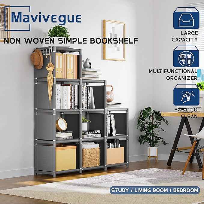 Mavivegue Book Shelf, 12 Cube Storage Organizer, DIY Bookcase, Metal Cube Bookshelf,Tall Book case for Bedroom, Living Room,Office,Closet Storage Organizer, Grey Cubicle Storage Rack