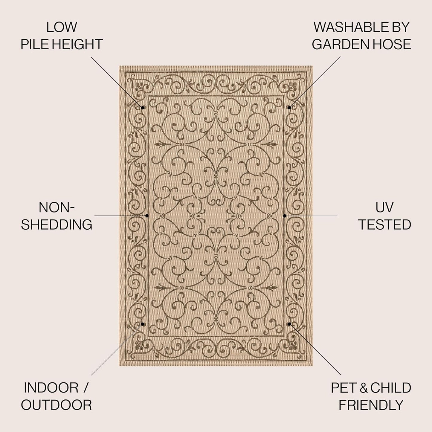 JONATHAN Y Vintage Filigree Indoor Outdoor Round Area Rug 9 Ft Beige/Brown, Charleston Textured Weave for Backyard, Patio, Porch, Easy-Cleaning, High Traffic, Pet-Friendly, Non-Shedding (SMB106A-9R)