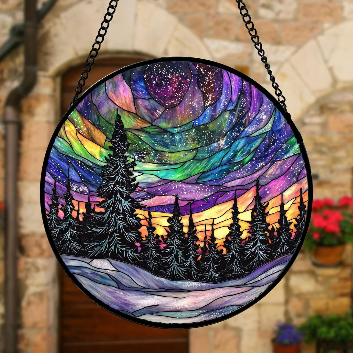 Stained Glass Window Hanging, Van Gogh Night Scene Sun Catchers Colorful Glass Panel Starry Sky Suncatcher Decor for Birthday for Women, Men, Wife, Aunt, and Mom 7.8 in