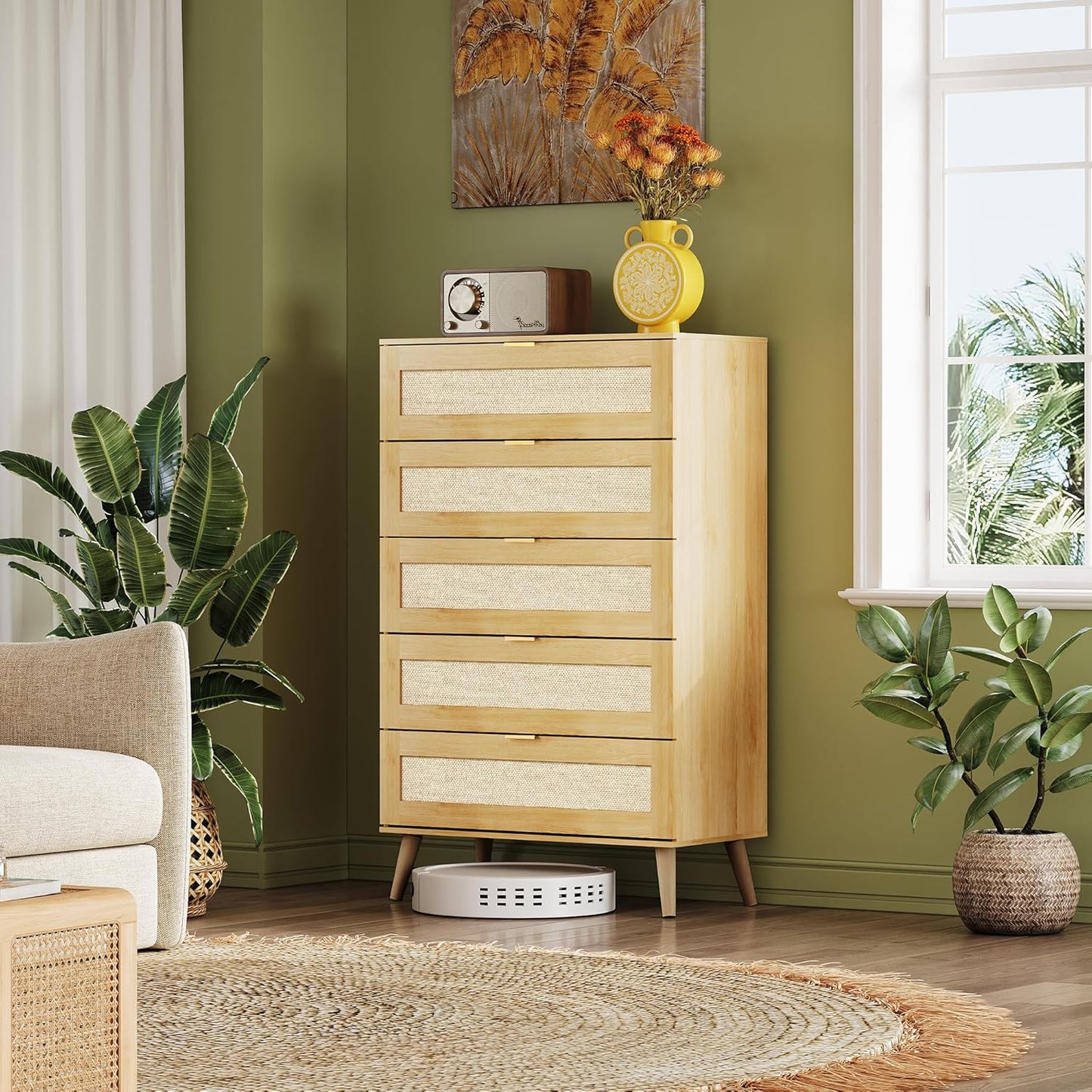 WLIVE Rattan Dresser for Bedroom, 5 Drawer Wood Boho Dresser Storage with Gold Metal Handle, Chest of Drawers for Living Room, Closet, Hallway, Light Oak