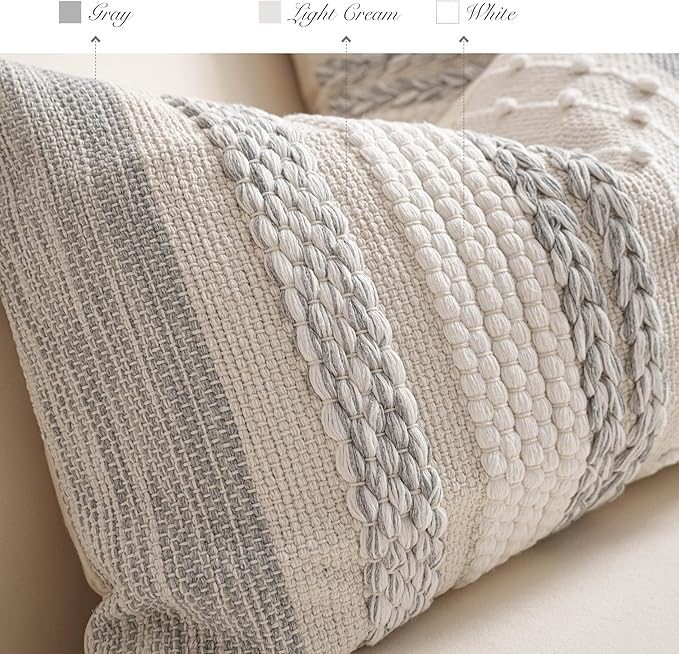 BlissBlush Gray Decorative Lumbar Pillow Cover 14x24, Grey Boho Long Body Pillow for Bed, Farmhouse Lumbar Throw Pillow for Couch, Modern Accent Textured Throw Pillowcase