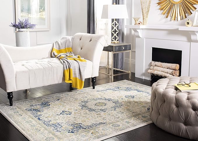 SAFAVIEH Area Rug 11x15 - Evoke Collection - Large - Ivory & Blue, Shabby Chic Oriental Medallion Design, Non-Shedding & Easy to Clean, Ideal for Living Room, Bedroom, Dining Space (EVK220C)