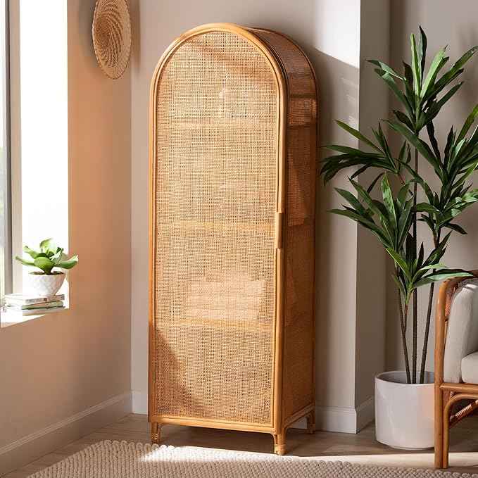 Bali & pari Paloma Arched Rattan Accent Cabinet with Shelves - Handwoven Cane Display Unit with Door, Boho Chic Decorative Furniture Piece for Living Room Entryway or Sunroom, 1-Door
